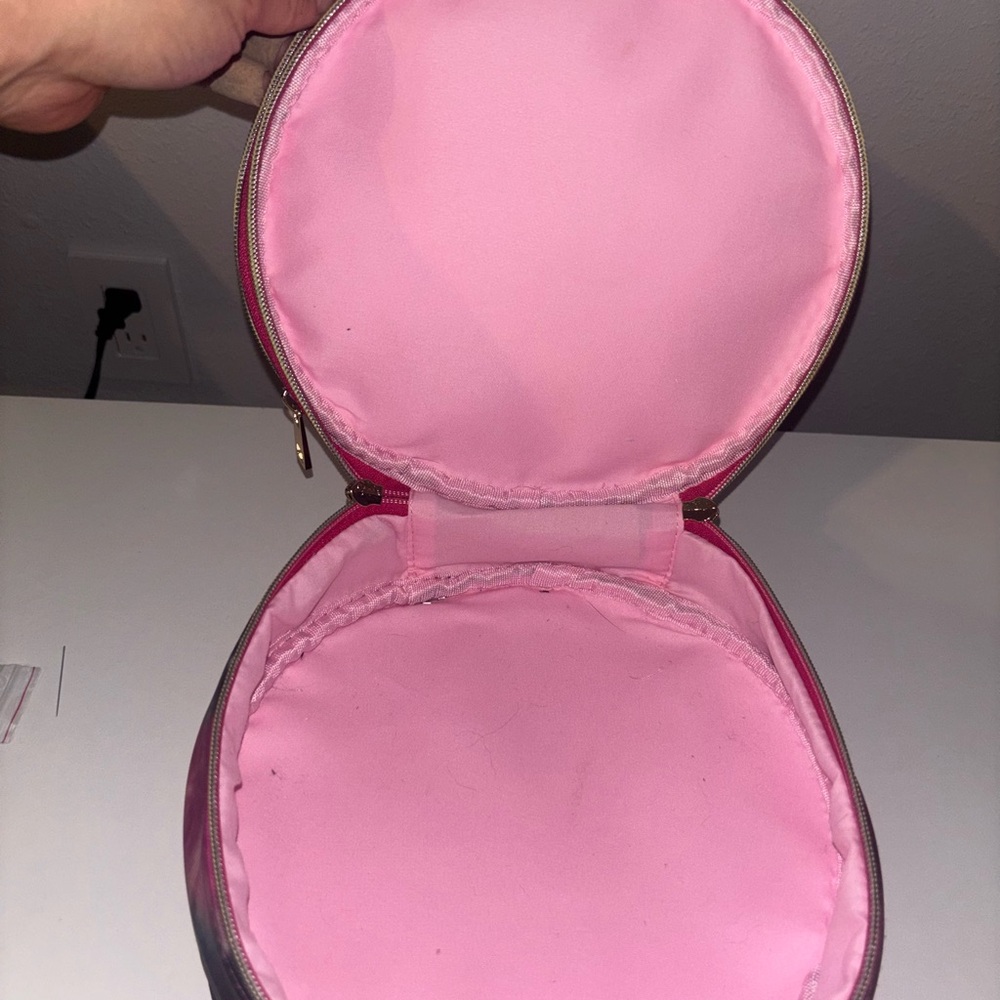 Under One Sky Pink Tie Dye Round Double Layer Cosmetic Case Makeup Train Bag - Picture 7 of 10